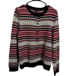 Talbots Fair Isle Lambswool Blend Button Front Cardigan Red Black Size L Petite